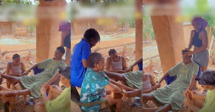 "This massage na tr@p" – Ladies meticulously massage their elder brother to extract money from him (WATCH)