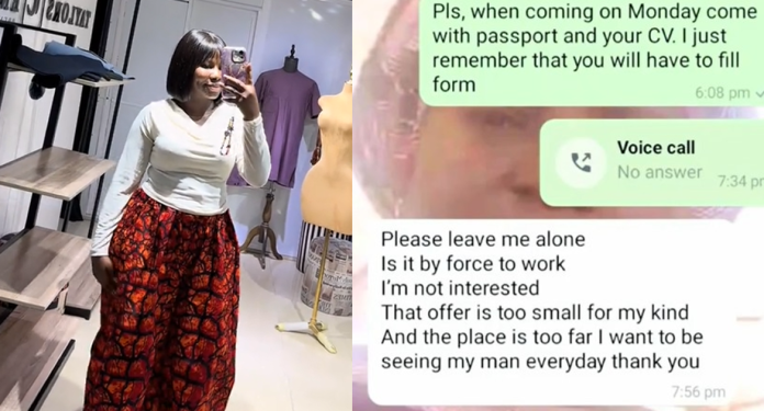 "I want to be seeing my man every day" – Businesswoman shares the surprising response of a 21-year-old tailor seeking a job (WATCH)