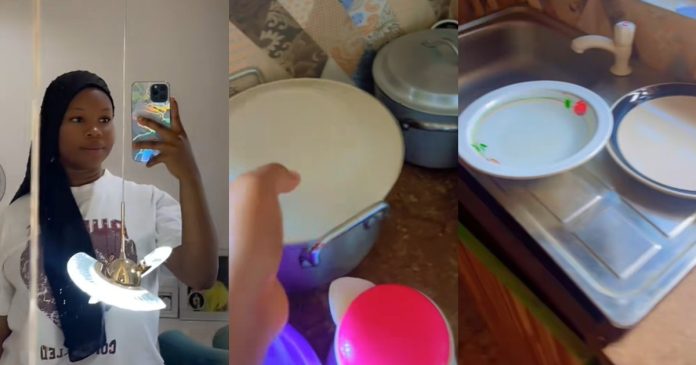 "She don experience water scarcity for her house" – Lady sh0cked to find kitchen utensils filled with water after asking friend for help (WATCH)