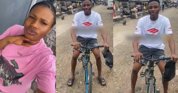 "This boy no get shamɘ" – Lady says as her boyfriend delivers her food to her workplace on a bicycle (WATCH)