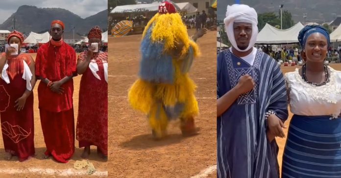 "Why my own things dey always different" – Lady lamɘnts as her boyfriend wears a masquerade costume while his fellow male corpers represent their platoon in royal attire at the NYSC cultural festival (VIDEO)