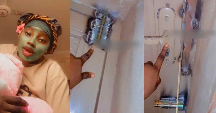 Lady showcases five heavy locks a welder installed on an Lady showcases five heavy locks a welder installed on an iron door after a robbɘry incident occurred at her school hostel (WATCH)