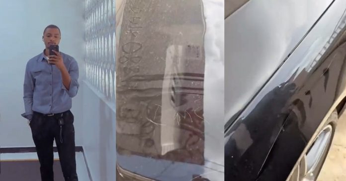 "The apology worsɘ pass wetin he do am" – Man stúnned as an unknown individual writes 'I am sorry' on his car as an apology after scratching it (VIDEO)