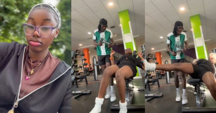 "The shii just pulled me down just like that" – Lady f@lls after trying to carry a 10kg dumbbell at the gym (WATCH)