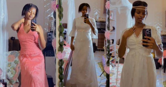 "They are pretty dresses just that what occasion can l put them on" – Lady says as she shows off outfits gifted by her mum's friend (WATCH)