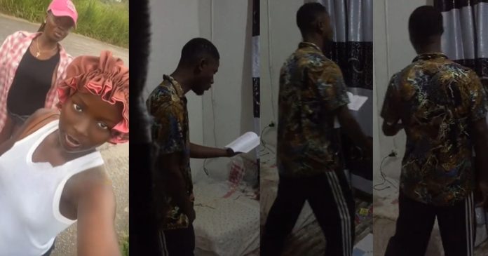 "e remain two semesters make e m@d" – Lady shares how her brother, a theatre student, practices his plays at home (VIDEO)