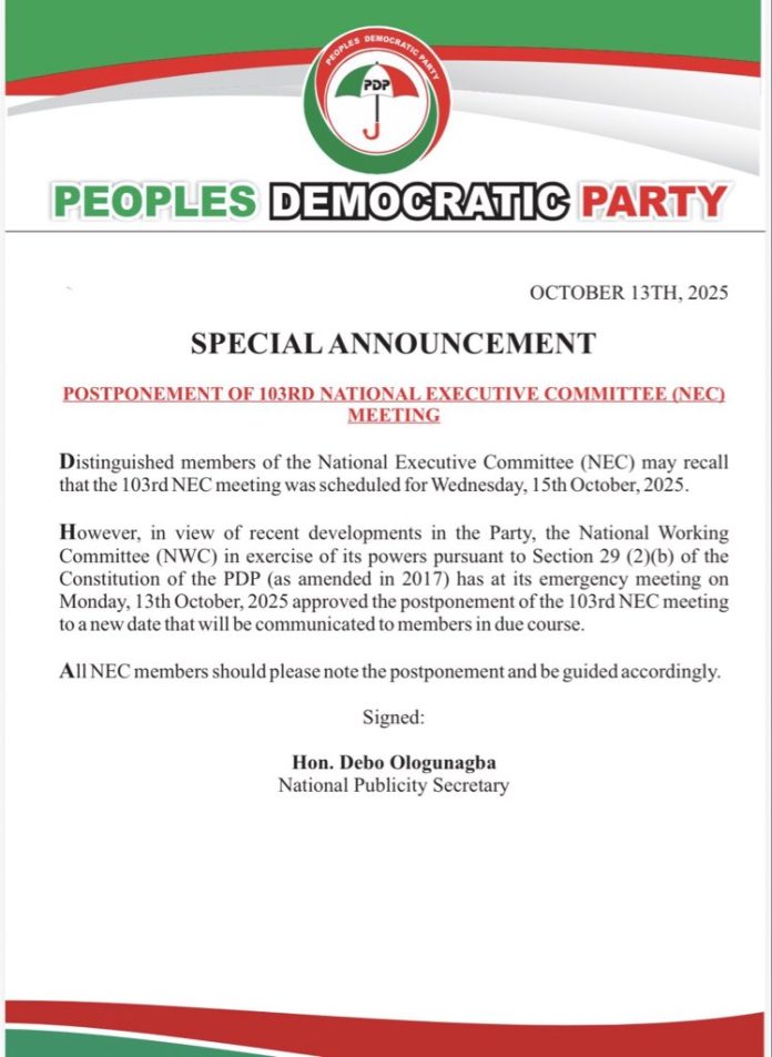 PDP postpones NEC meeting amid defections