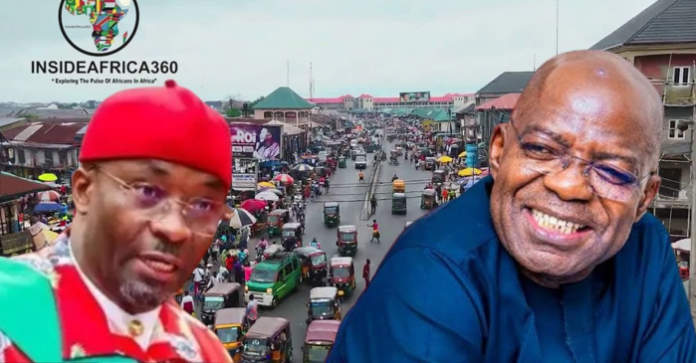Photo collage showing Deputy Speaker Benjamin Kalu and Governor Alex Otti with a bustling Abia market scene in the background, symbolizing discussions on Abia State’s derivation fund utilization and public service delivery. (Image Credit: Inside Africa 360)