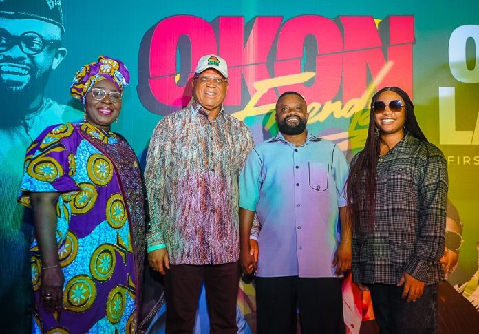 Governor Umo Eno, Deputy Governor Akon Eyakenyi, comedian Okon Lagos, and Lady Helen Obareki pose together at the “Okon and Friends Live in Concert” event in Uyo.