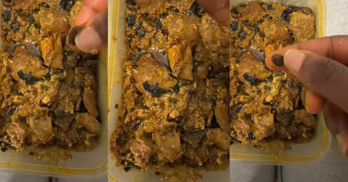Lady displeased after finding "iru" locust beans inside the egusi soup she ordered (Watch)