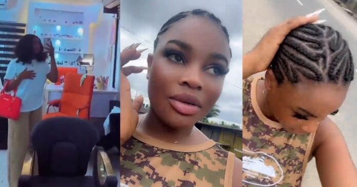 Lady amused after a village hairstylist made impressive cornrows for Lady amused after a village hairstylist made impressive cornrows for just ₦500 (Watch)