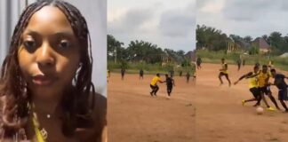 Lady proudly shows off her coursemate who dribbled past two opponents during an interdepartmental football match (Watch) Lady proudly shows off her coursemate who dribbled past two opponents during an interdepartmental football match (Watch)