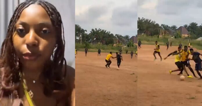 Lady proudly shows off her coursemate who dribbled past two Lady proudly shows off her coursemate who dribbled past two opponents during an interdepartmental football match (Watch)